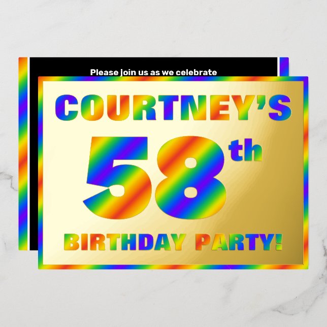 58th Birthday Party — Fun, Rainbow Spectrum “58” Foil Invitation (Front/Back)