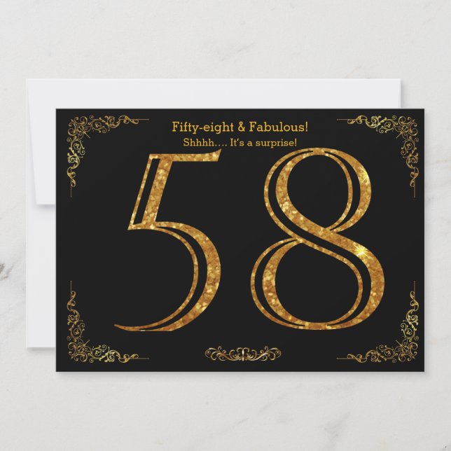 58th Birthday party,Gatsby styl,black gold glitter Invitation (Front)