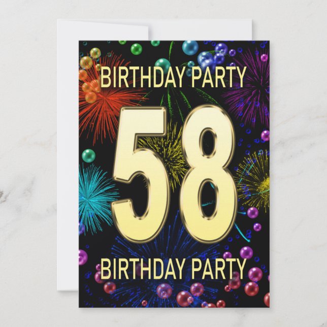 58th Birthday Party Invitation Fireworks Bubbles (Front)