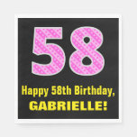[ Thumbnail: 58th Birthday: Pink Stripes and Hearts "58" + Name Napkins ]
