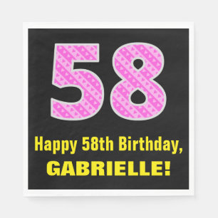 58th Birthday: Pink Stripes and Hearts "58" + Name Napkins
