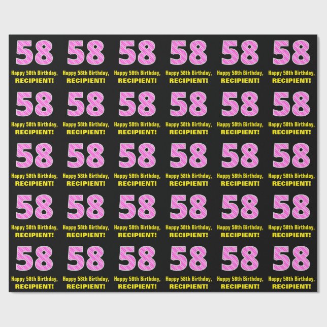 58th Birthday: Pink Stripes and Hearts "58" + Name Wrapping Paper (Flat)
