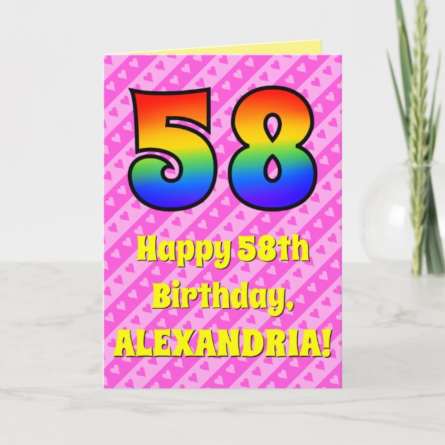 58th Birthday: Pink Stripes & Hearts, Rainbow # 58 Card (Front)