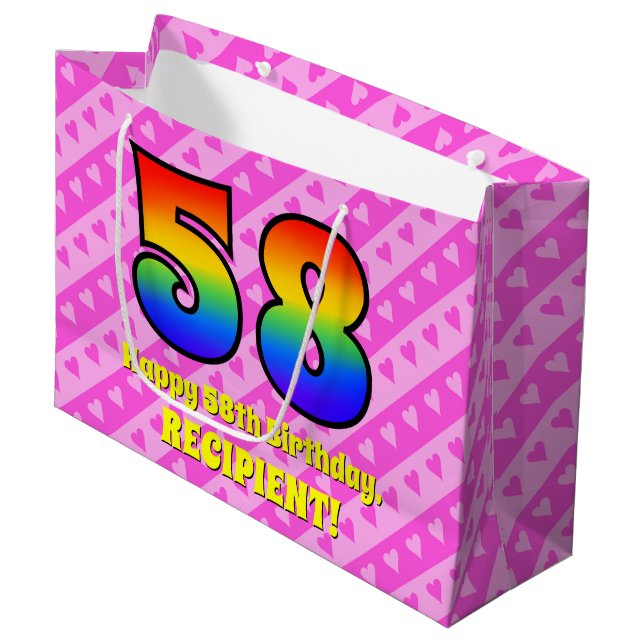 58th Birthday: Pink Stripes & Hearts, Rainbow # 58 Large Gift Bag (Front Angled)