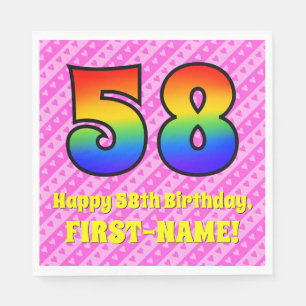 58th Birthday: Pink Stripes & Hearts, Rainbow # 58 Napkins