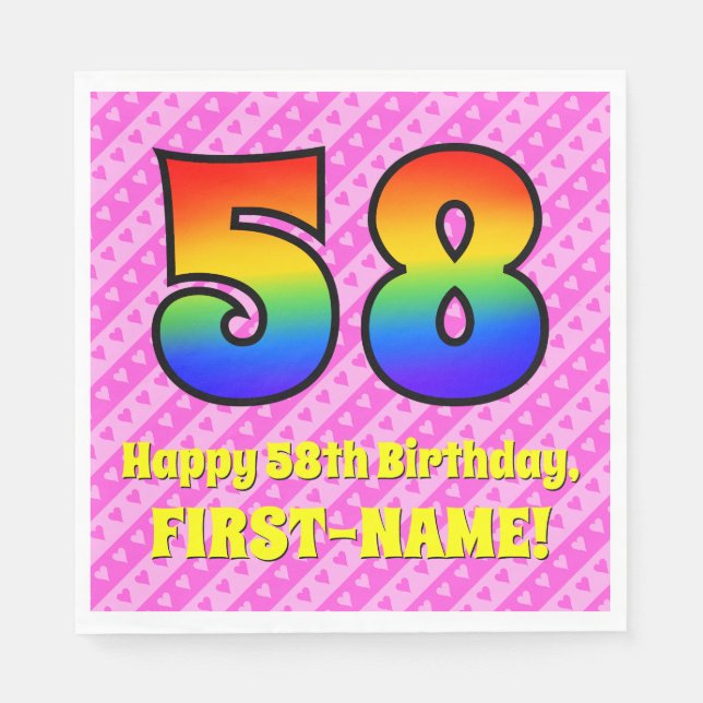 58th Birthday: Pink Stripes & Hearts, Rainbow # 58 Napkins (Front)