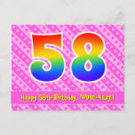 [ Thumbnail: 58th Birthday: Pink Stripes & Hearts, Rainbow 58 Postcard ]