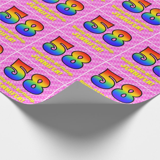 58th Birthday: Pink Stripes & Hearts, Rainbow # 58 Wrapping Paper (Corner)