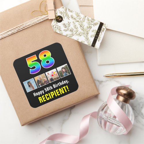 58th Birthday Rainbow 58 Custom Photos  Name Square Sticker