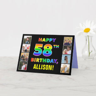 58th Birthday: Rainbow Text, Custom Photos & Name Card
