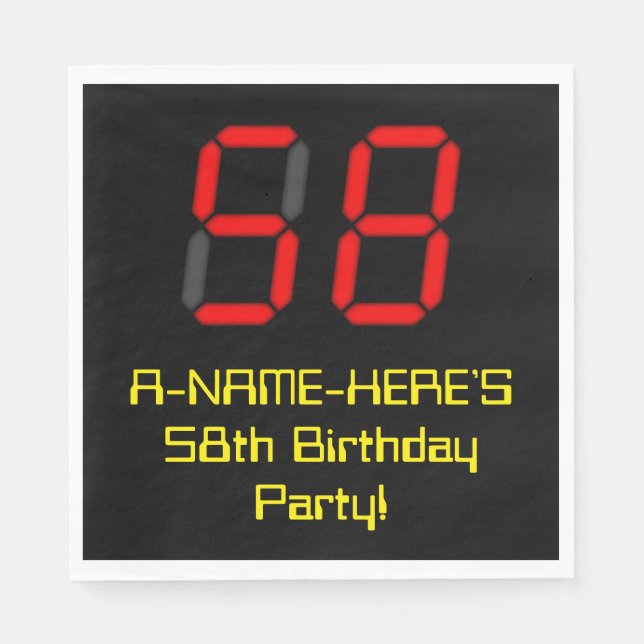 58th Birthday: Red Digital Clock Style "58" + Name Napkins (Front)