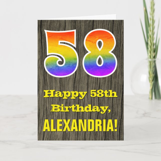 58th Birthday: Rustic Faux Wood Look, Rainbow "58" Card (Front)