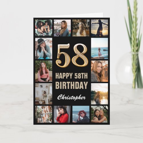 58th Happy Birthday Black and Gold Photo Collage
