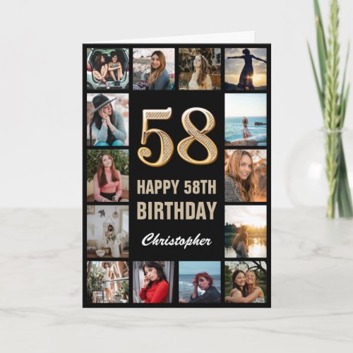 58th Happy Birthday Black and Gold Photo Collage Card