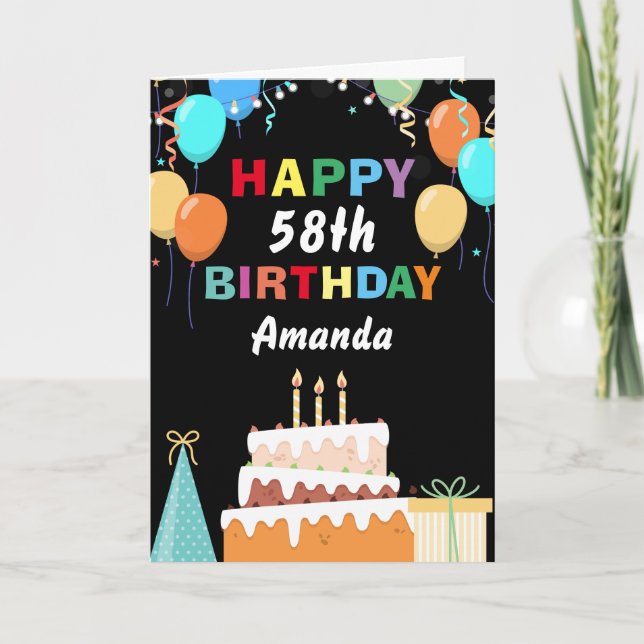 58th Happy Birthday Colorful Balloons Cake Black Card (Front)