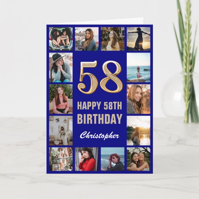 58th Happy Birthday Navy Blue & Gold Photo Collage Card (Front)