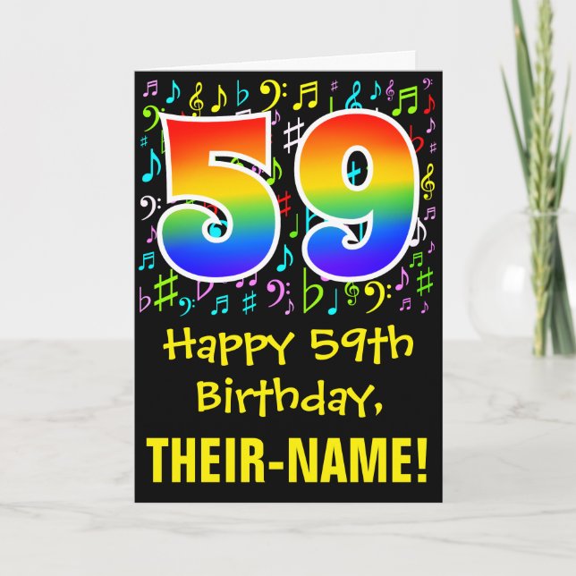 59th Birthday: Colorful Music Symbols + Rainbow 59 Card (Front)