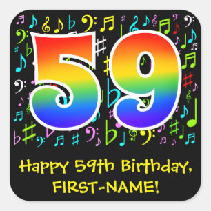 59th Birthday: Colorful Music Symbols, Rainbow 59 Square Sticker