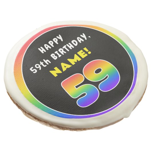 59th Birthday: Colorful Rainbow # 59, Custom Name Sugar Cookie (Angled)