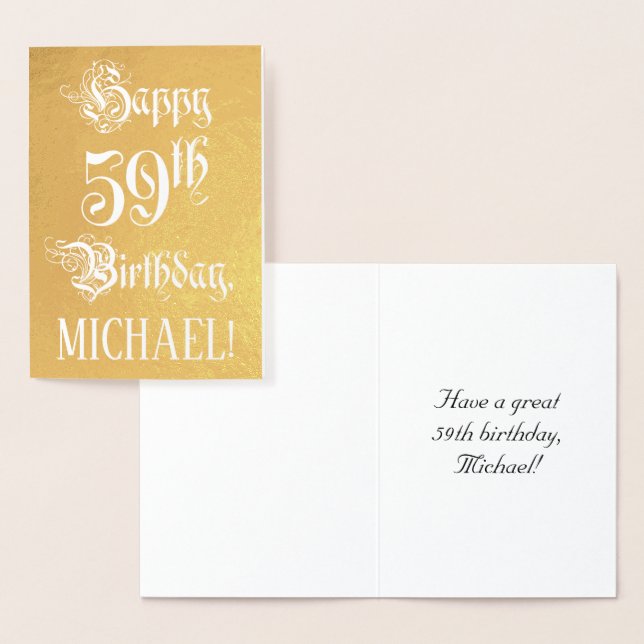 59th Birthday: Elegant, Ornate Script; Custom Name Foil Card (Display)
