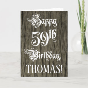 59th Birthday: Fancy, Elegant Text; Faux Wood Look Card