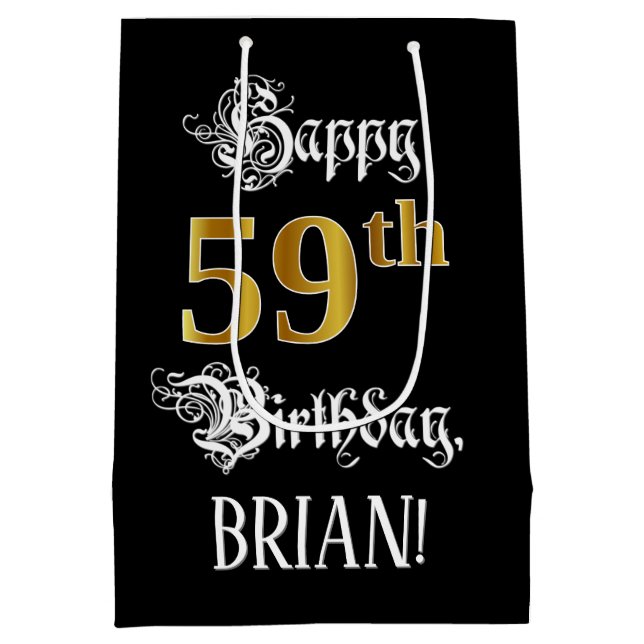 59th Birthday ~ Fancy Script; Faux Gold Look; Name Medium Gift Bag (Back)