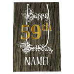 [ Thumbnail: 59th Birthday: Faux Gold Look & Faux Wood Pattern Gift Bag ]