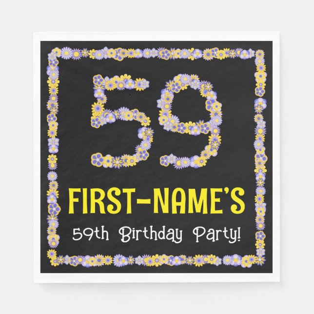 59th Birthday: Floral Flowers Number, Custom Name Napkins (Front)