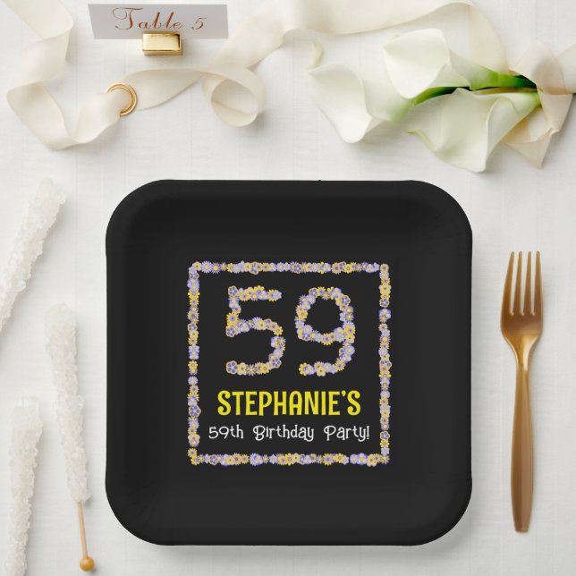 59th Birthday: Floral Flowers Number, Custom Name Paper Plates (Wedding)