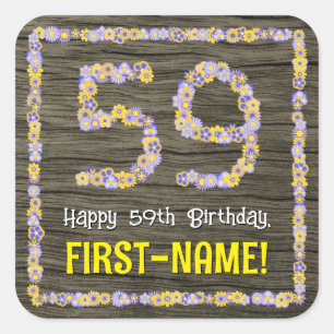 59th Birthday: Floral Number, Faux Wood Look, Name Square Sticker