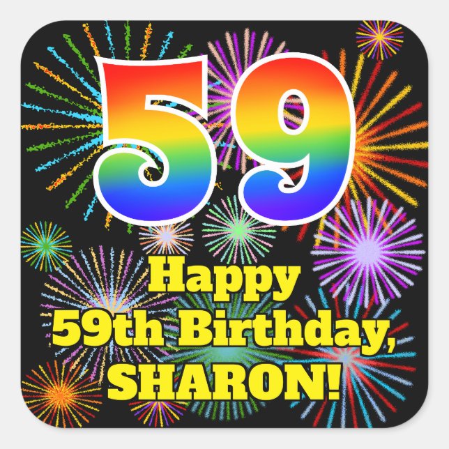 59th Birthday: Fun Fireworks Look, Rainbow # 59 Square Sticker (Front)