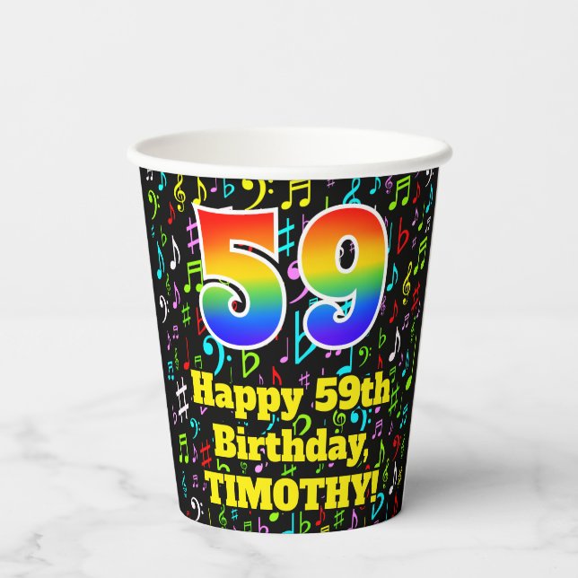 59th Birthday: Fun Music Notes Pattern, Rainbow 59 Paper Cups (Back)