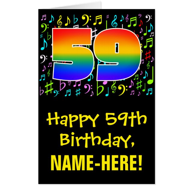 59th Birthday: Fun Music Symbols + Rainbow # 59 Card (Front)