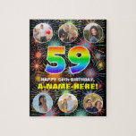 [ Thumbnail: 59th Birthday: Fun Rainbow #, Custom Name + Photos Jigsaw Puzzle ]