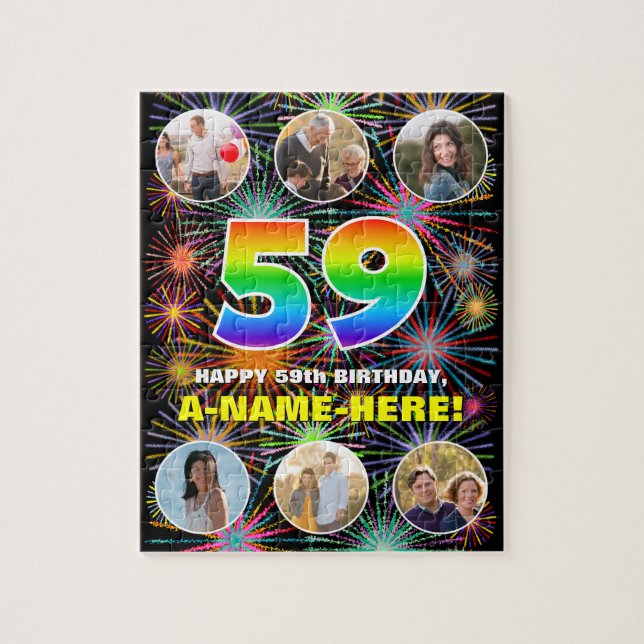 59th Birthday: Fun Rainbow #, Custom Name + Photos Jigsaw Puzzle (Vertical)