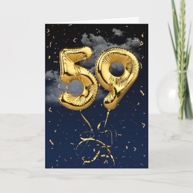 59th Birthday Gold Mylar Balloon and Confetti Card (Front)