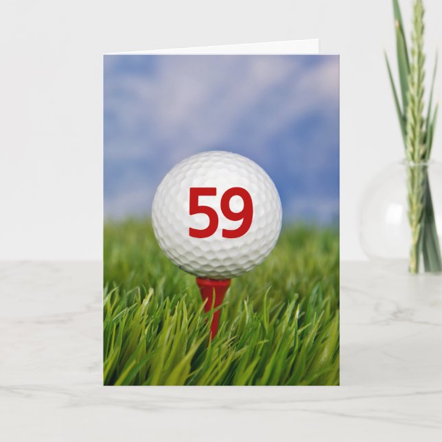 59th Birthday Golf Ball on Red Tee  Card (Front)