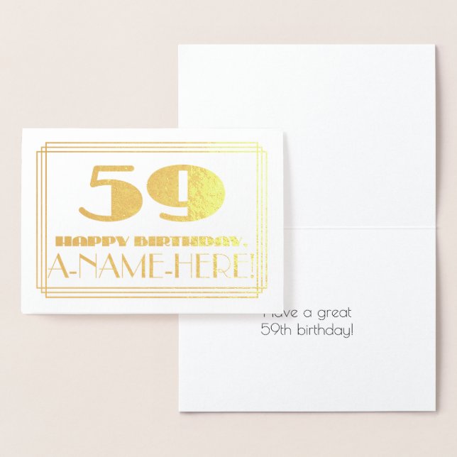 59th Birthday; Name + Art Deco Inspired Look "59" Foil Card (Display)