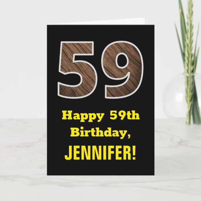 59th Birthday: Name, Faux Wood Grain Pattern "59" Card (Front)