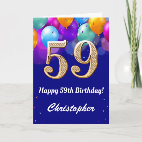 59th Birthday Navy Blue and Gold Colorful Balloons Card