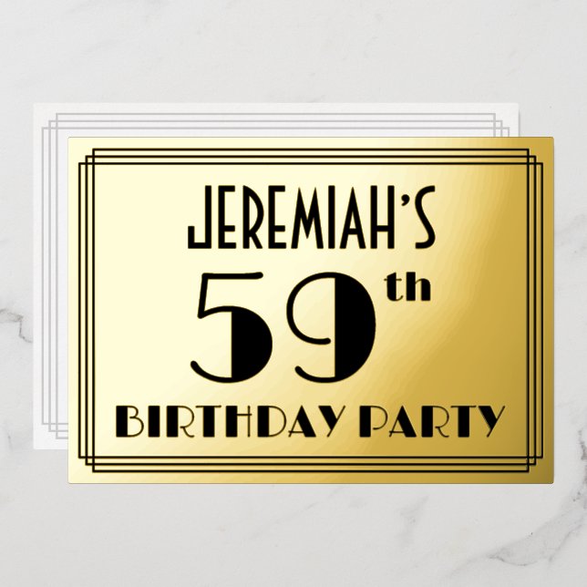 59th Birthday Party — Art Deco Look “59” + Name Foil Invitation (Front/Back)