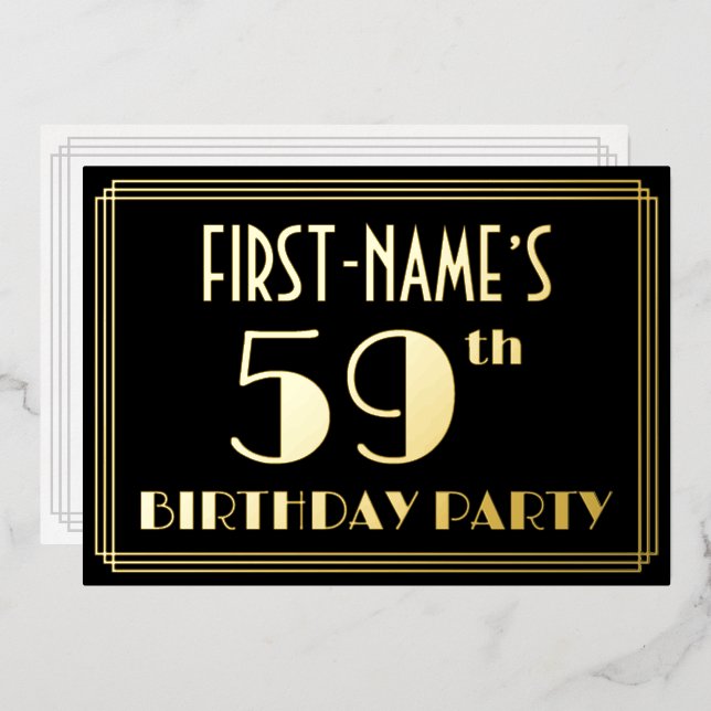 59th Birthday Party: Art Deco Look “59”, w/ Name Foil Invitation (Front/Back)