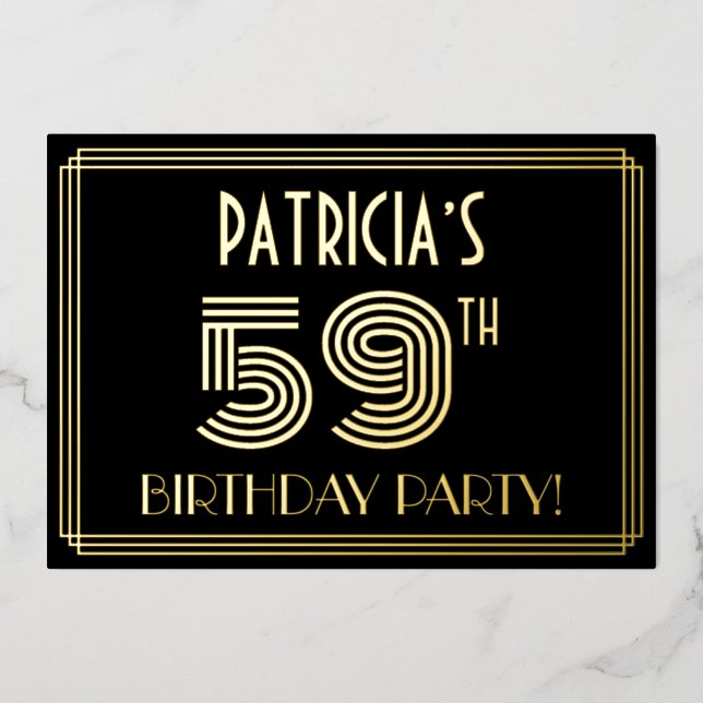 59th Birthday Party — Art Deco Style “59” + Name Foil Invitation (Front)