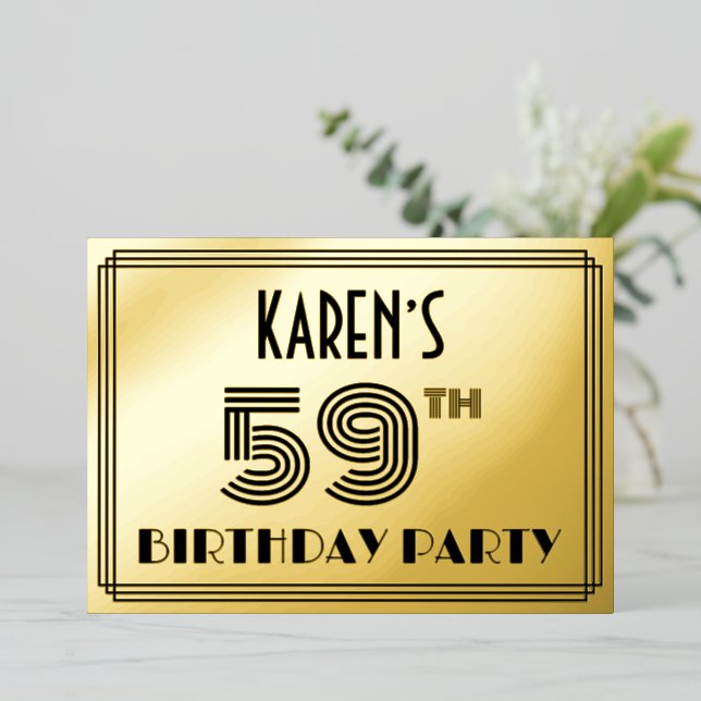 59th Birthday Party — Art Deco Style “59” & Name Foil Invitation (Standing Front)