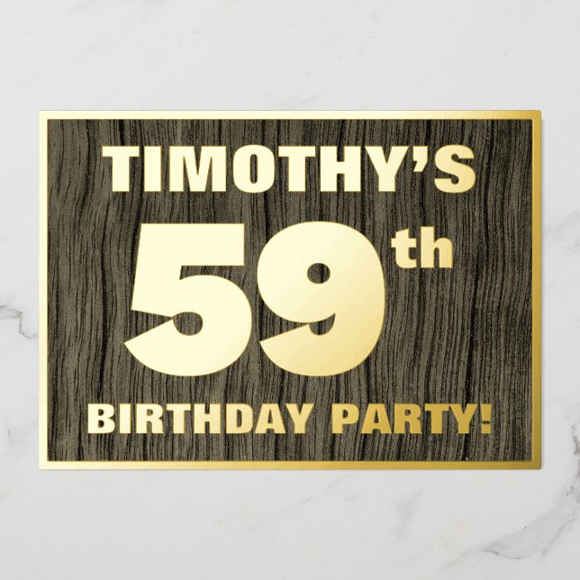 59th Birthday Party: Bold, Faux Wood Grain Pattern Foil Invitation (Front)