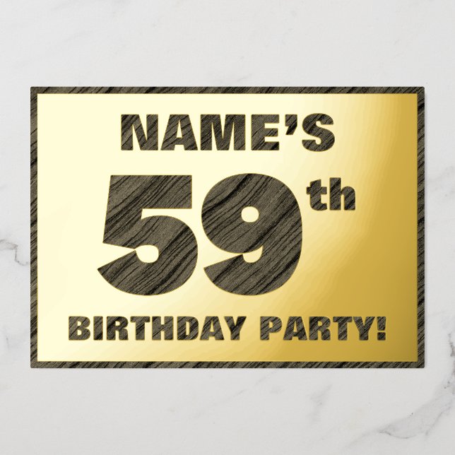 59th Birthday Party — Bold, Faux Wood Grain Text Foil Invitation (Front)