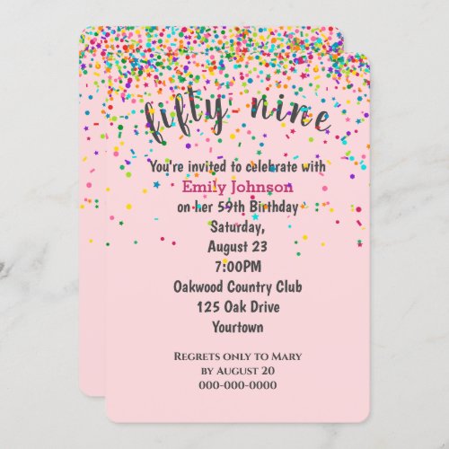 59th Birthday Party Confetti On Pink Invitation