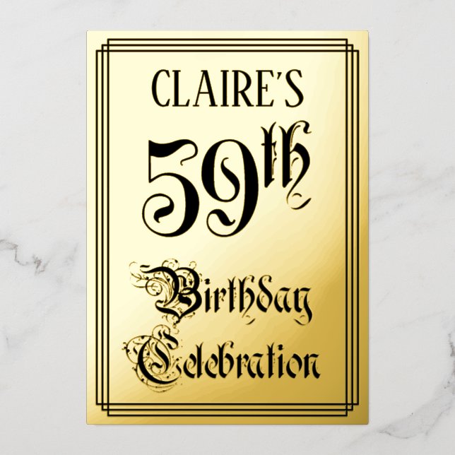 59th Birthday Party — Elegant Script + Custom Name Foil Invitation (Front)