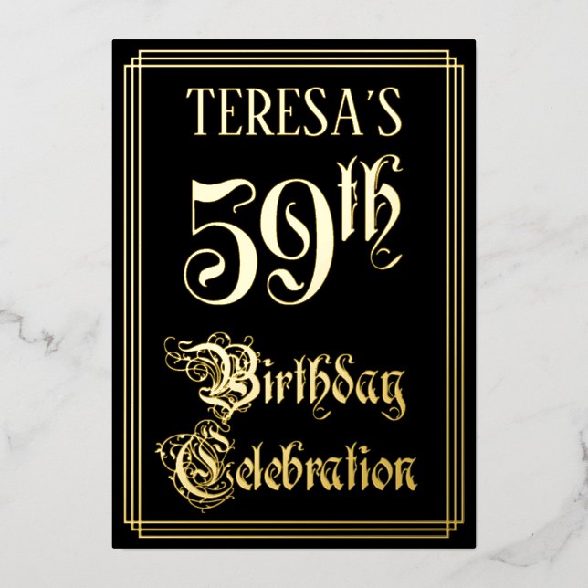 59th Birthday Party — Fancy Script & Custom Name Foil Invitation (Front)