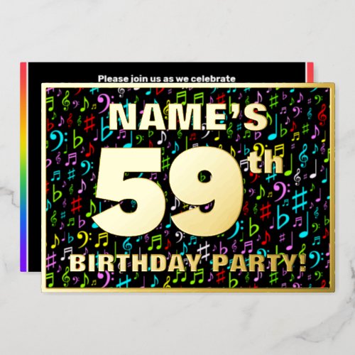 59th Birthday Party  Fun Colorful Music Symbols Foil Invitation